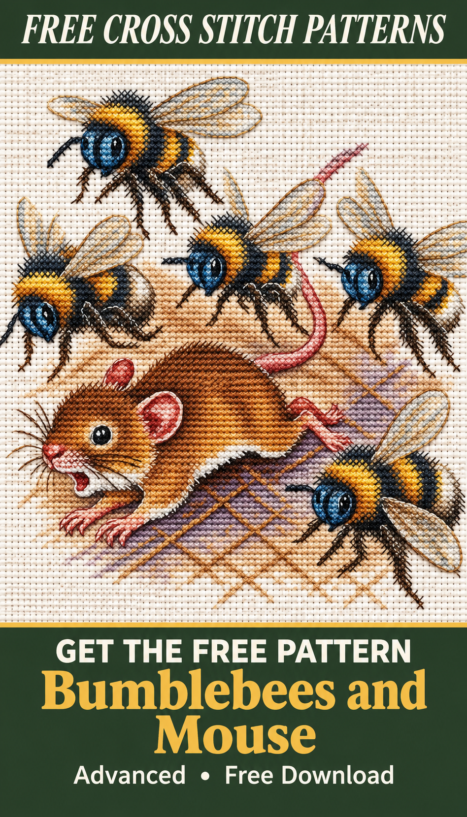 Bumblebees and Mouse cross stitch pattern Pinterest pin, variant 2