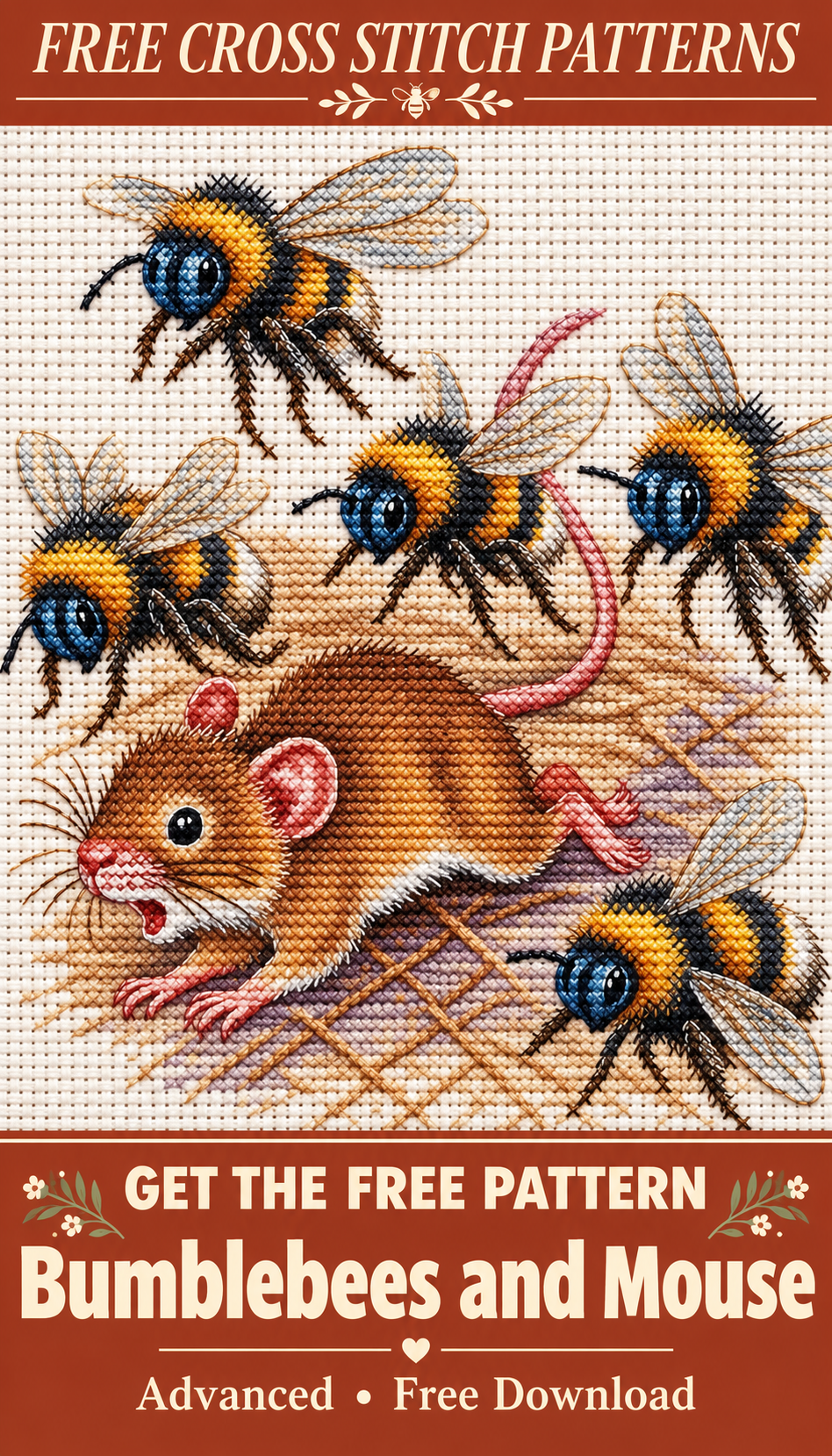 Bumblebees and Mouse cross stitch pattern Pinterest pin, variant 1