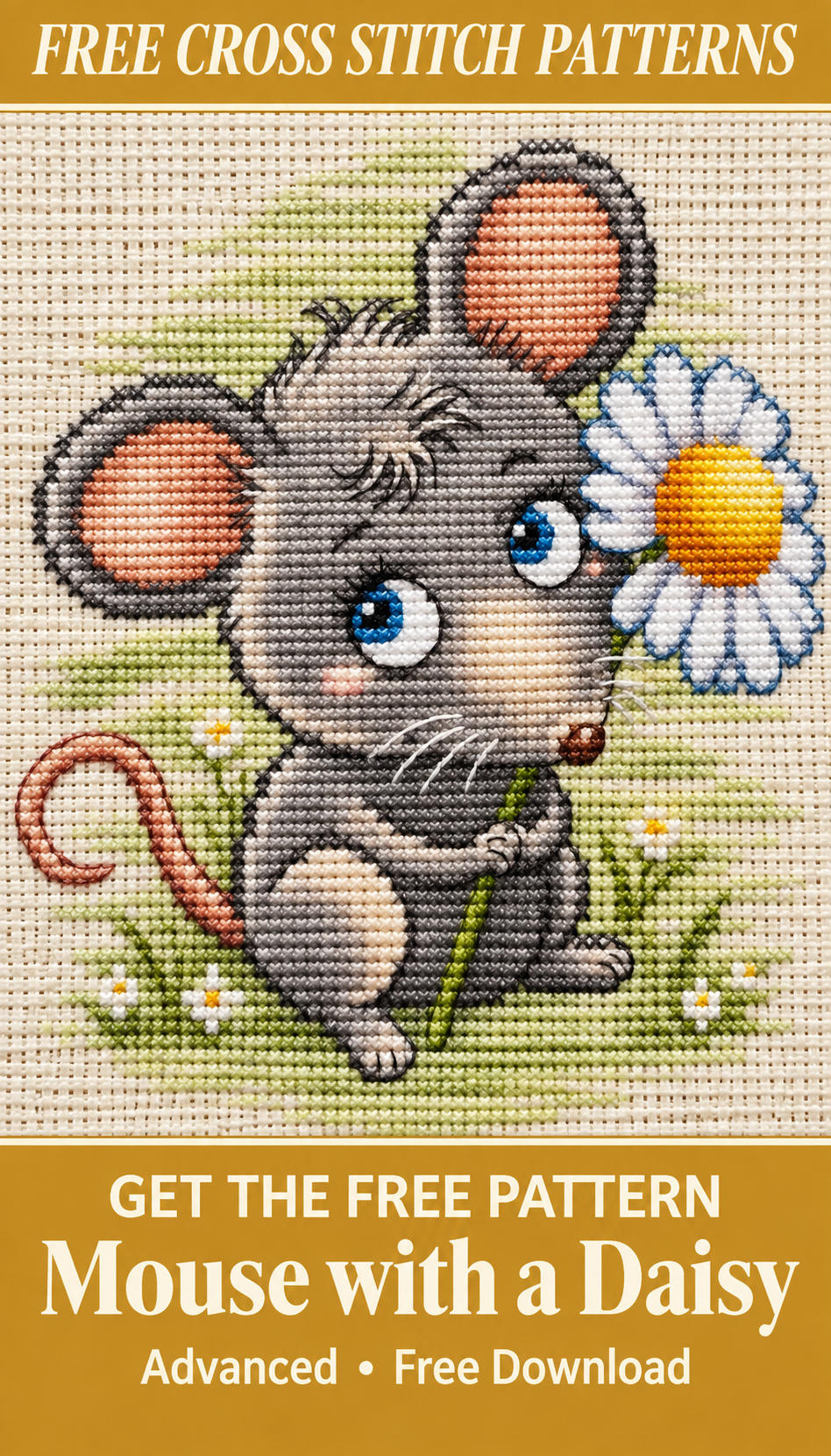 Mouse with a Daisy cross stitch pattern Pinterest pin, variant 2