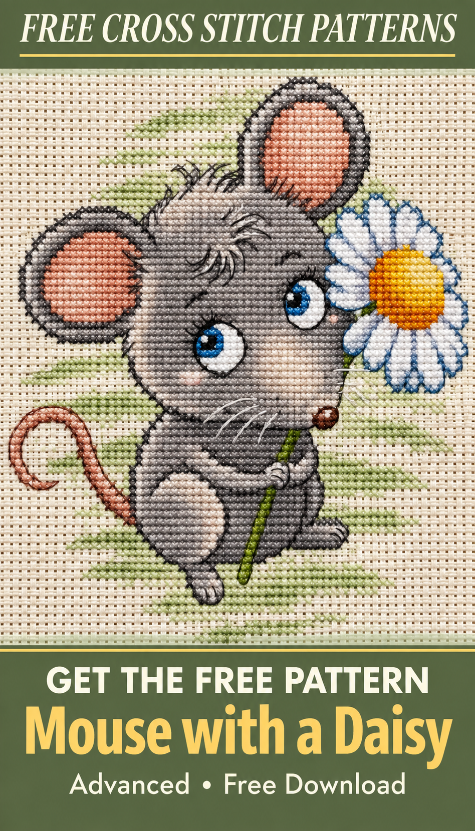 Mouse with a Daisy cross stitch pattern Pinterest pin, variant 1