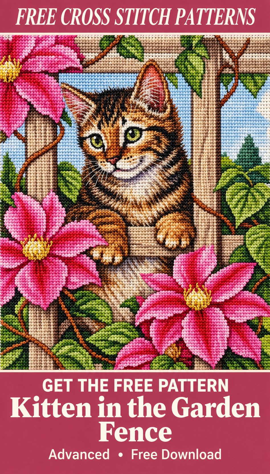 Kitten in the Garden Fence cross stitch pattern Pinterest pin, variant 2