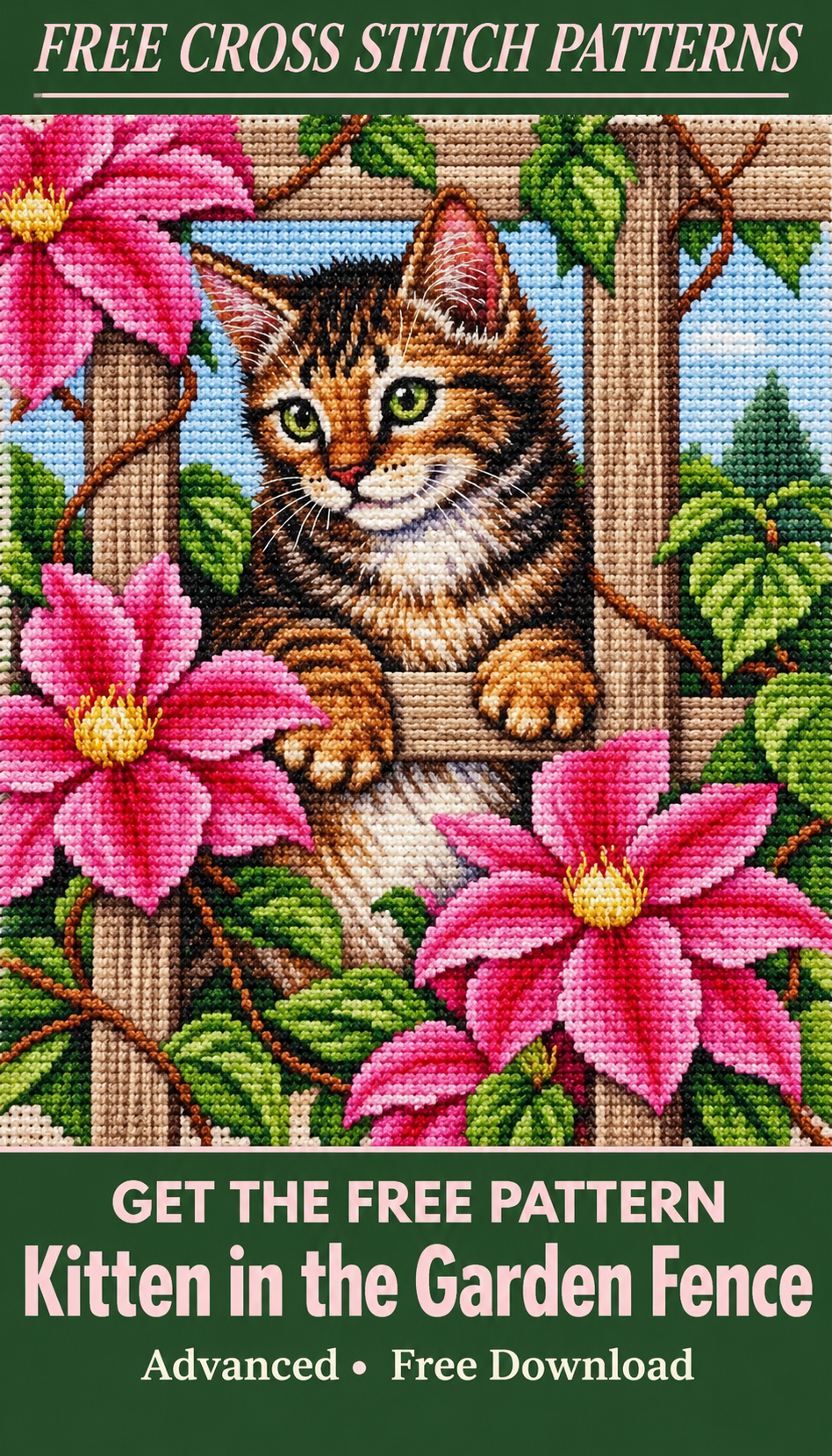 Kitten in the Garden Fence cross stitch pattern Pinterest pin, variant 1