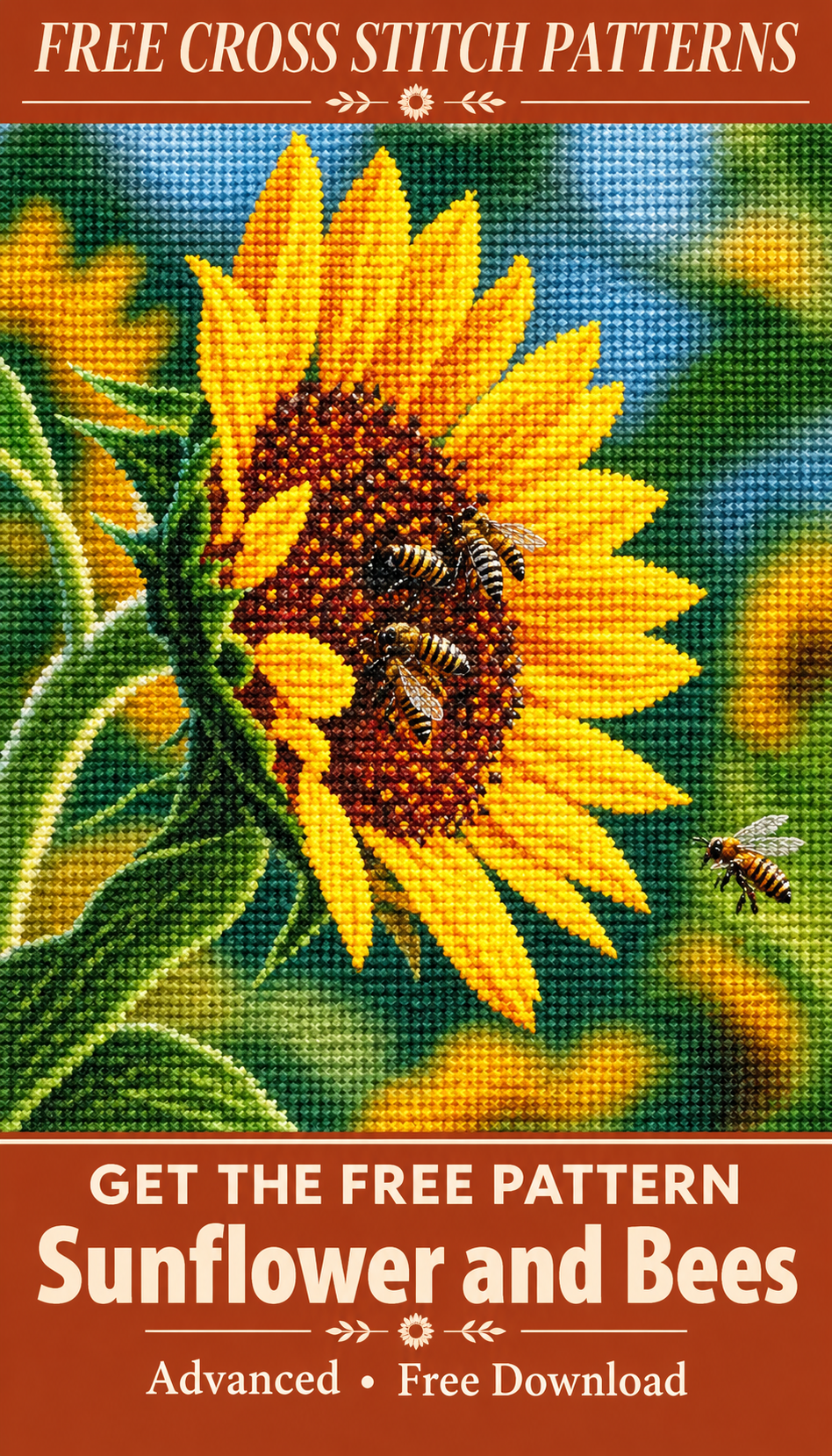 Sunflower and Bees cross stitch pattern Pinterest pin, variant 2