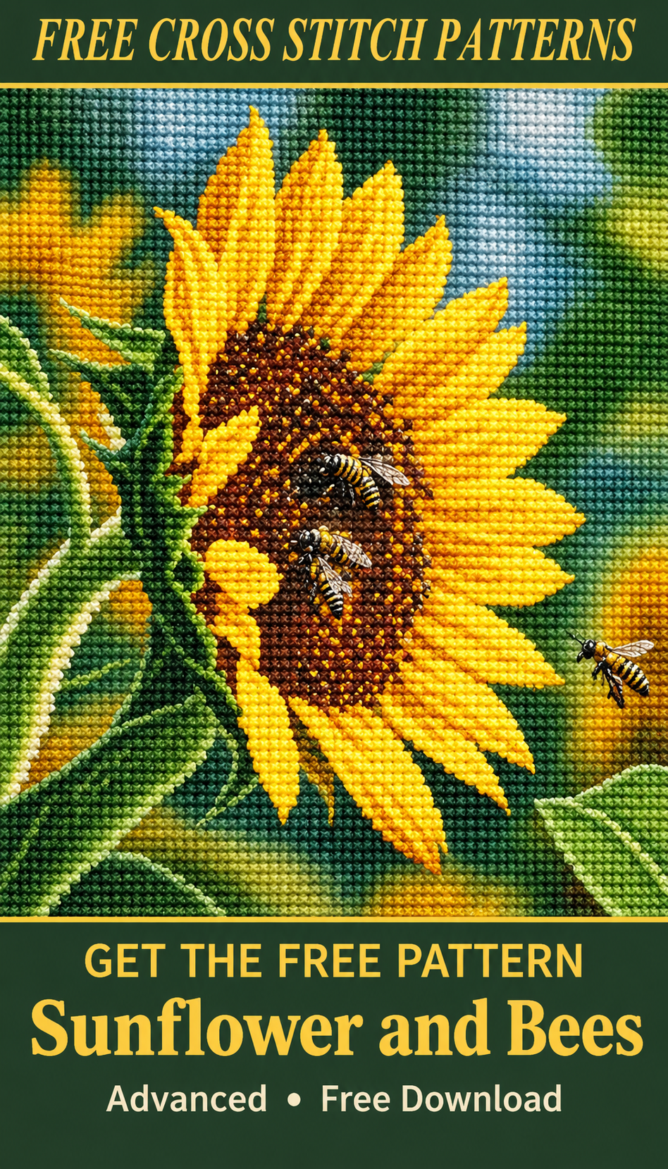 Sunflower and Bees cross stitch pattern Pinterest pin, variant 1