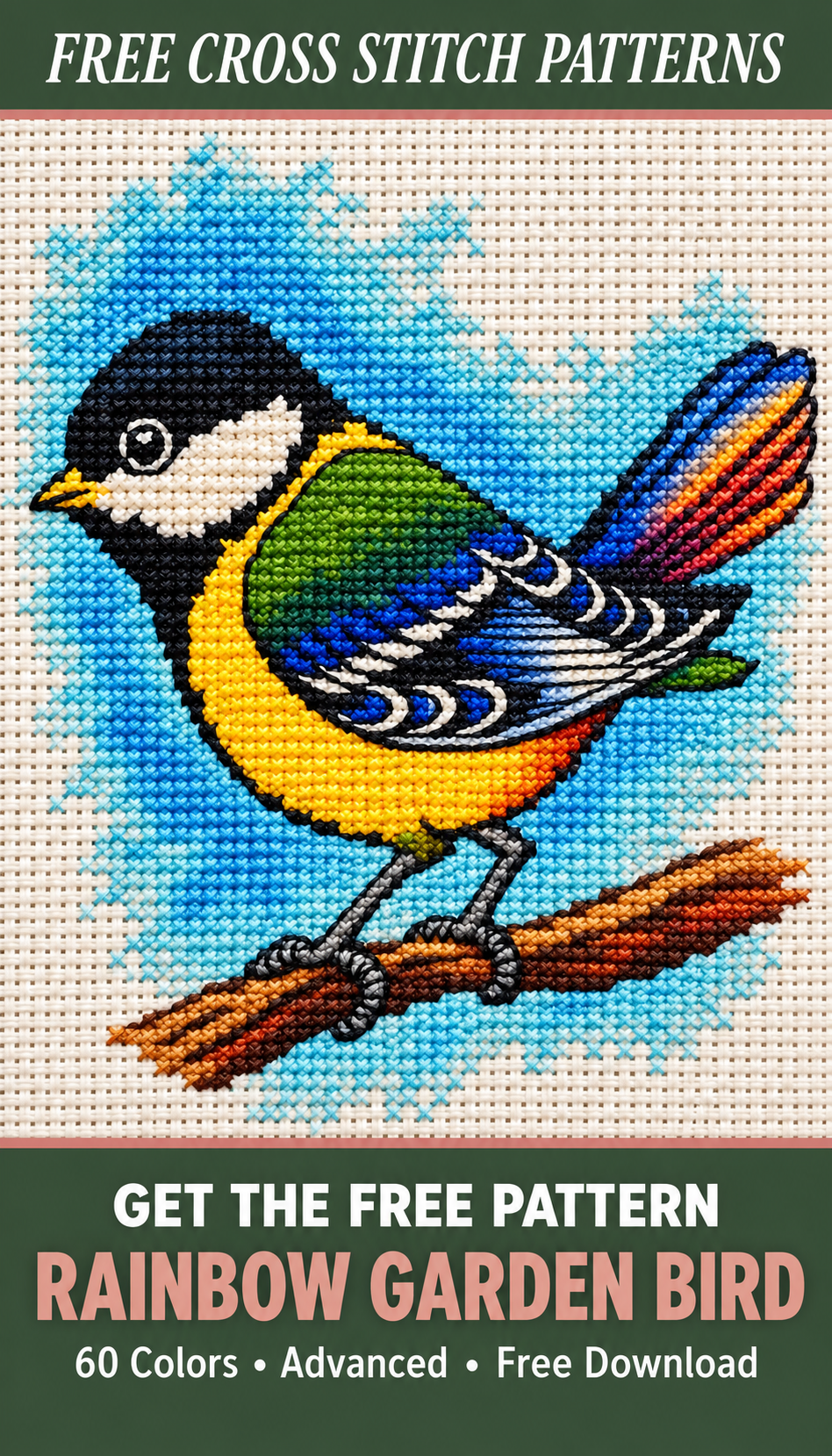 Rainbow Garden Bird cross stitch pattern Pinterest pin - forest green version