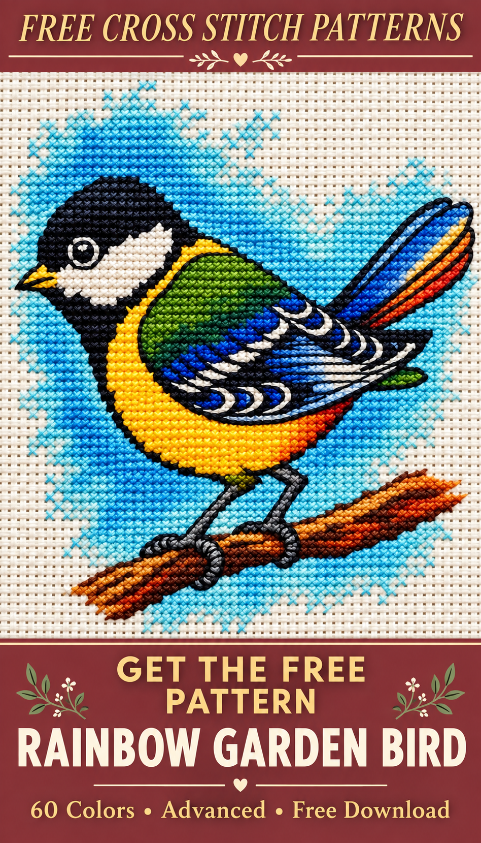 Rainbow Garden Bird cross stitch pattern Pinterest pin - rust gold version