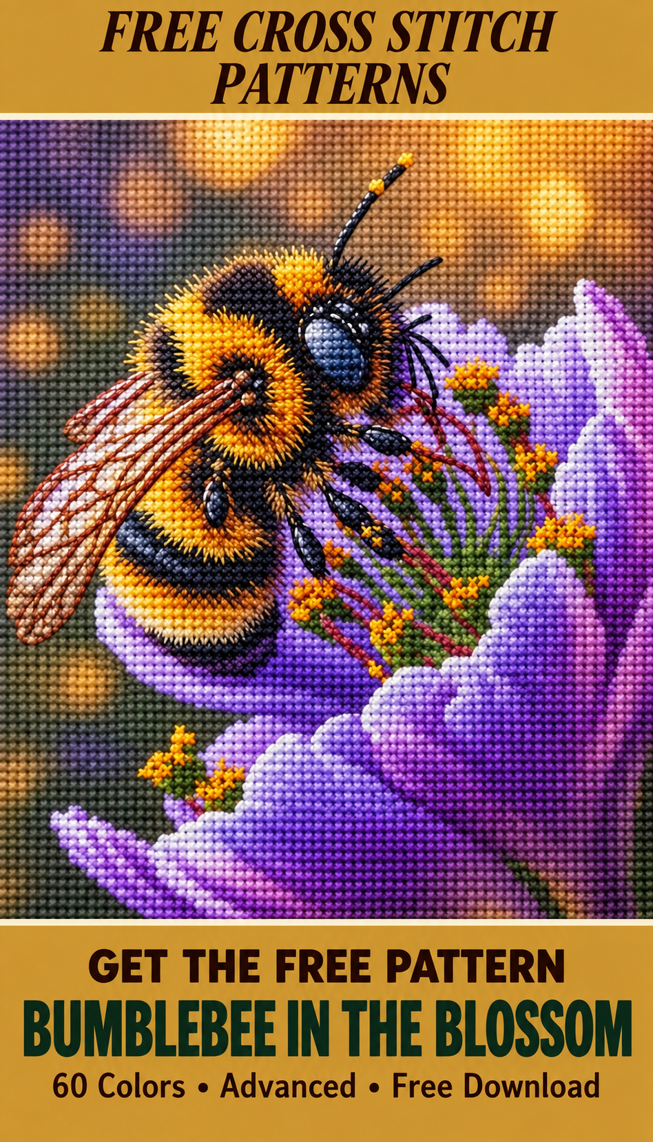 Bumblebee in the Blossom cross stitch pattern Pinterest pin - deep plum version