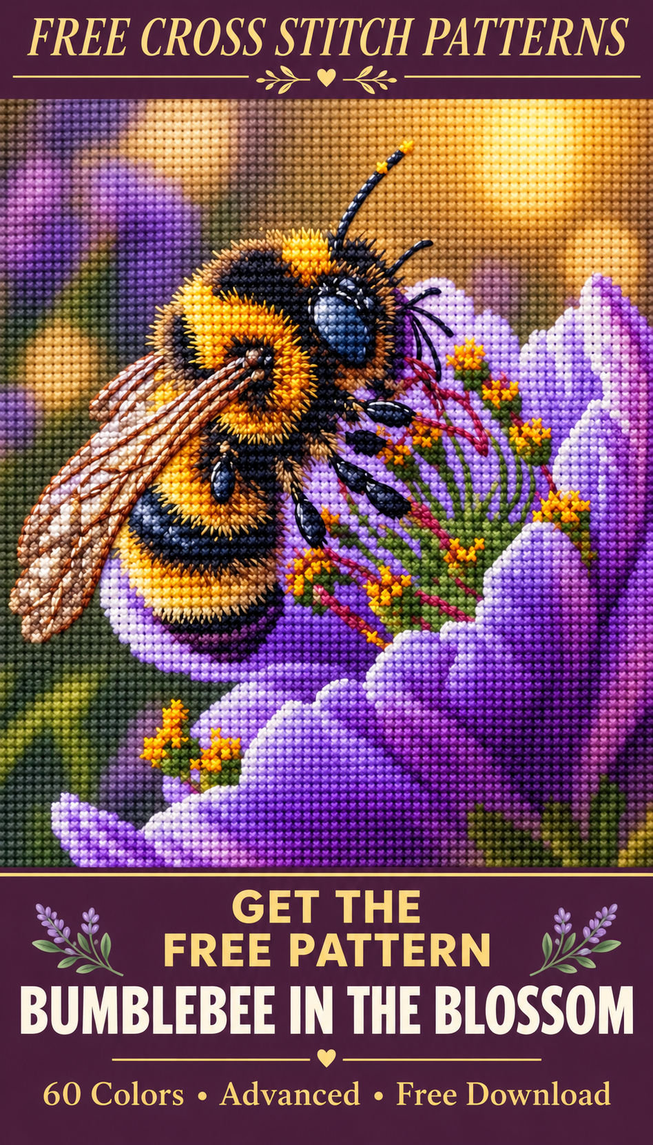 Bumblebee in the Blossom cross stitch pattern Pinterest pin - mustard gold version