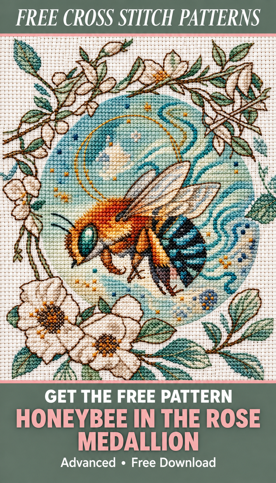 Honeybee in the Rose Medallion cross stitch pattern Pinterest pin - sage grey version