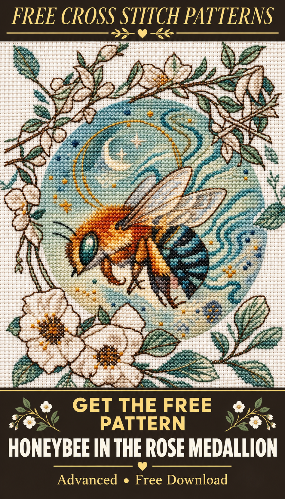 Honeybee in the Rose Medallion cross stitch pattern Pinterest pin - charcoal gold version