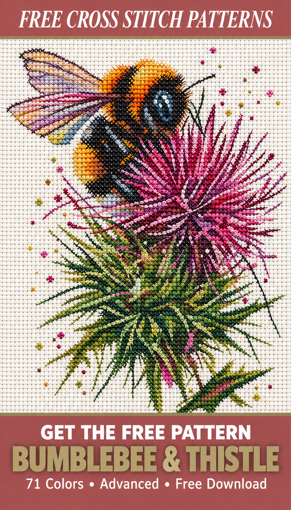 Bumblebee and thistle cross stitch Pinterest pin, plum and gold color variant