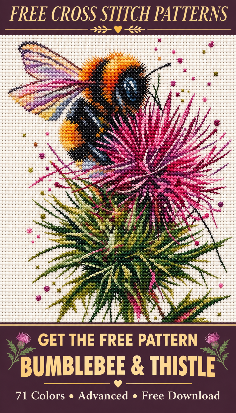 Bumblebee and thistle cross stitch Pinterest pin, rose and wood color variant