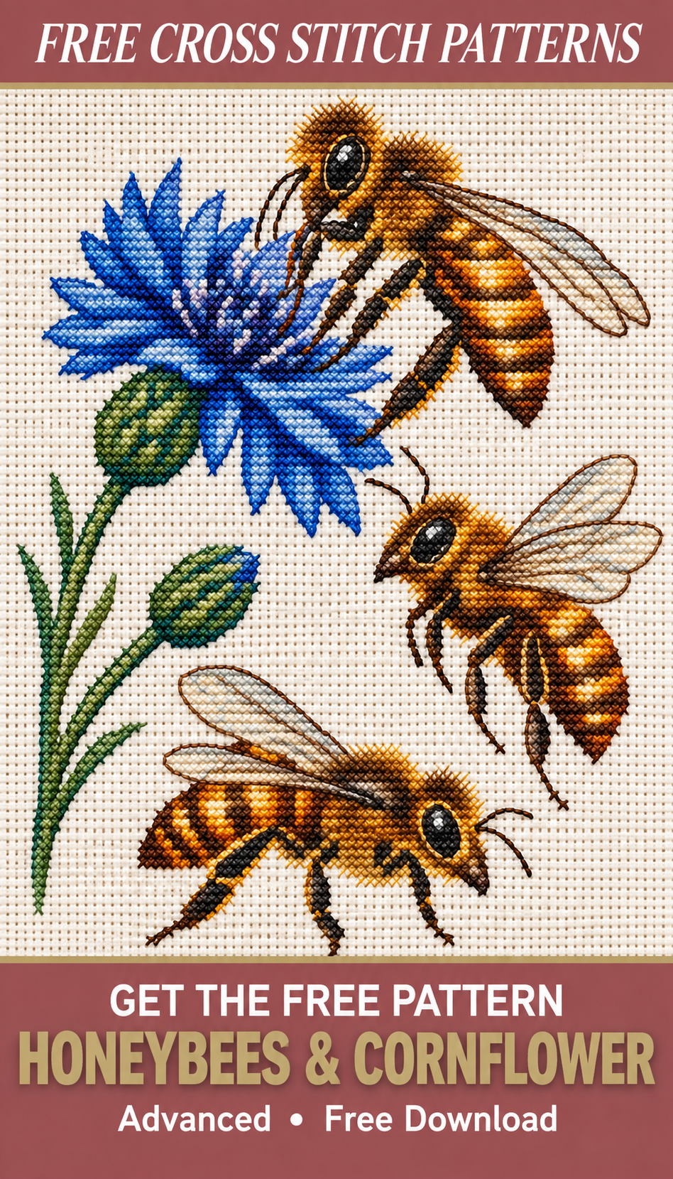 Honeybees and cornflower cross stitch Pinterest pin, navy and gold color variant