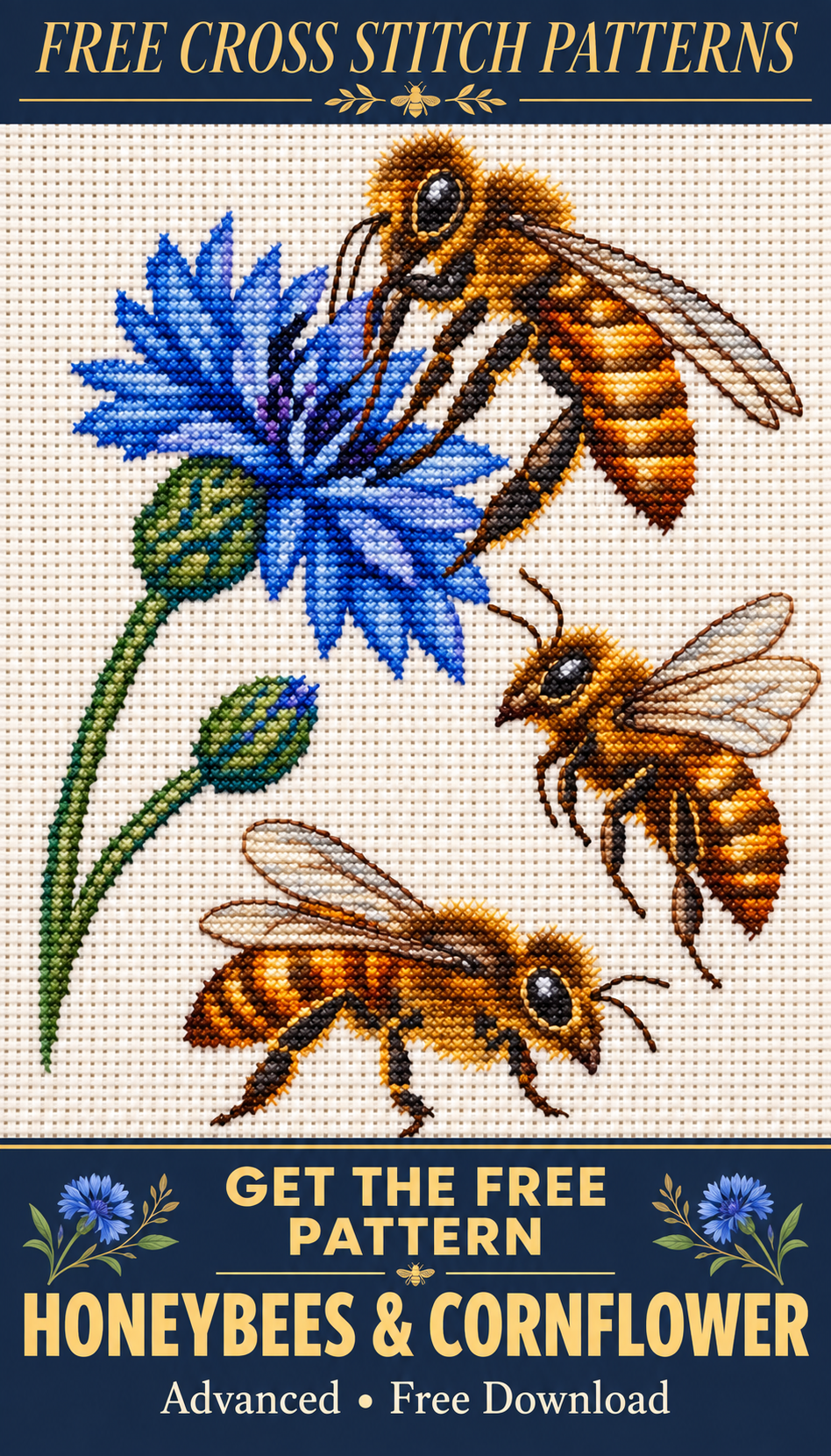 Honeybees and cornflower cross stitch Pinterest pin, rose and wood color variant