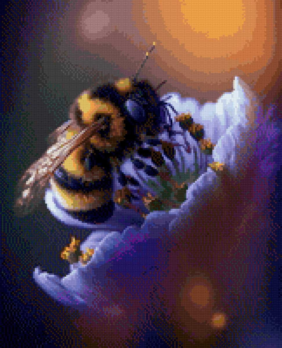 Finished Bumblebee in the Blossom cross stitch pattern showing a bumblebee on a lavender flower with a glowing bokeh background