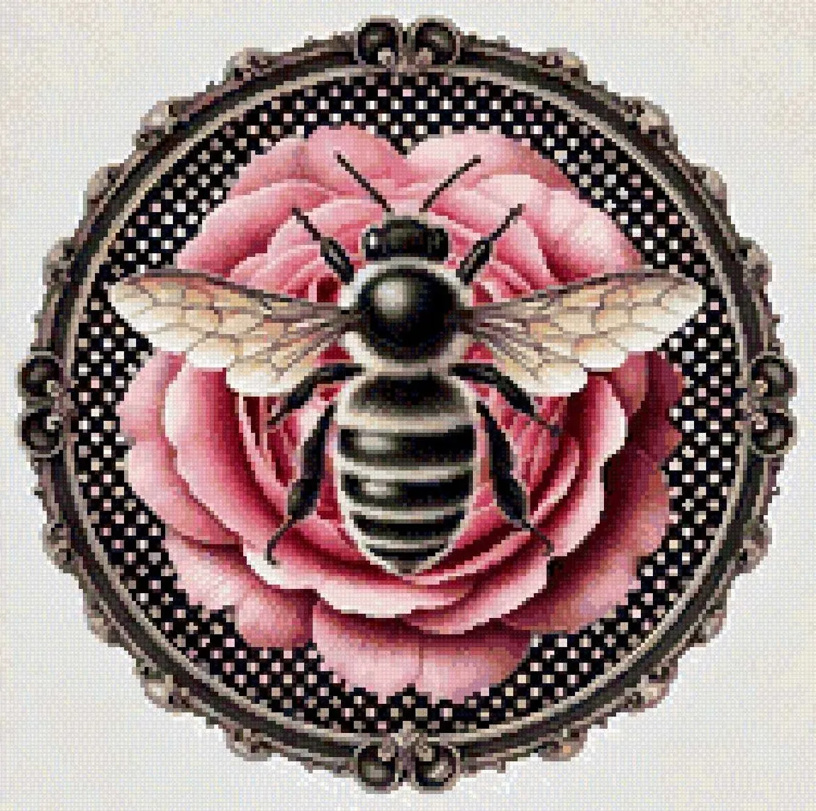 Rose and bee in an ornate vintage frame cross stitch pattern finished preview