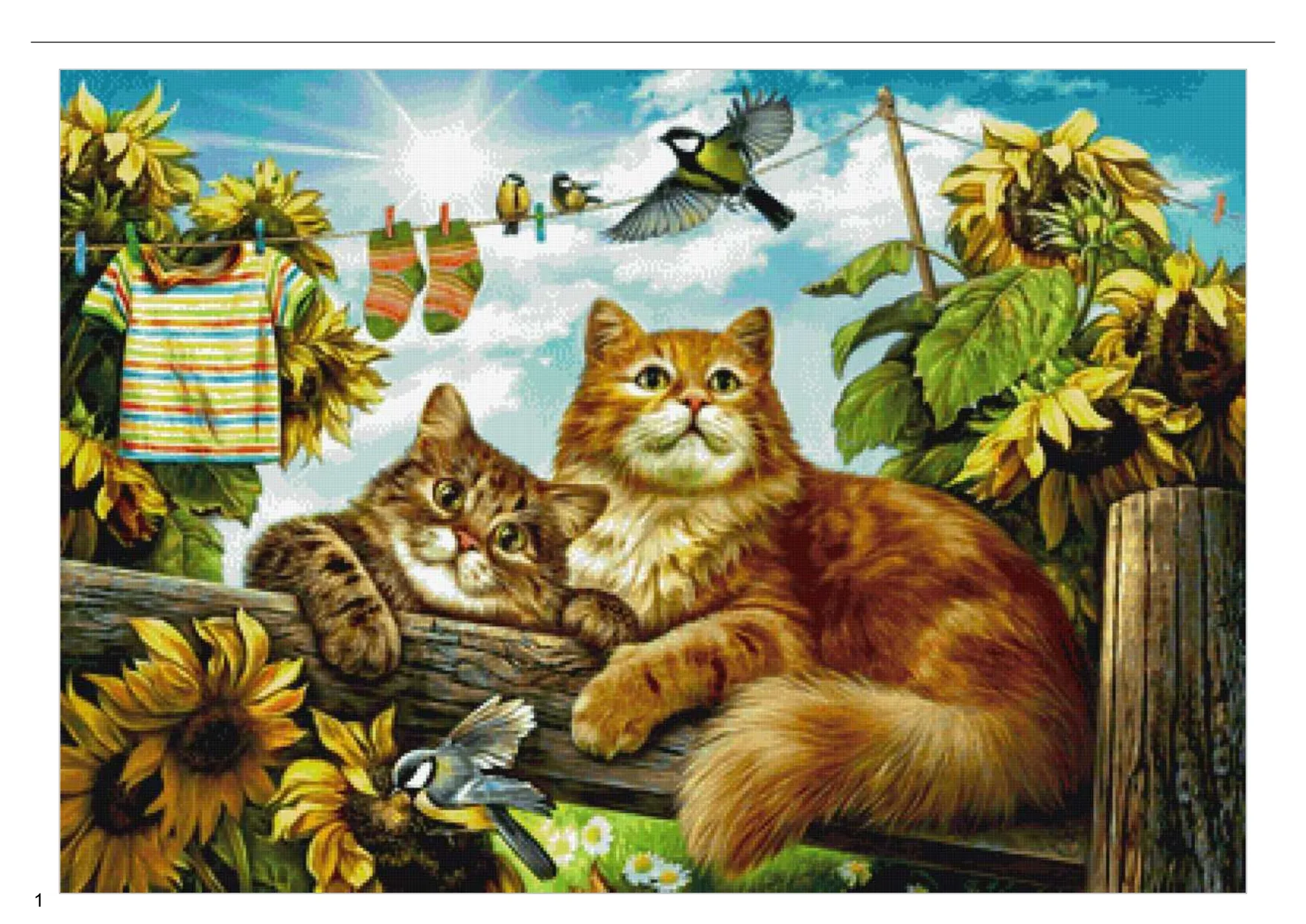 Garden cats and sunflowers cross stitch pattern finished preview