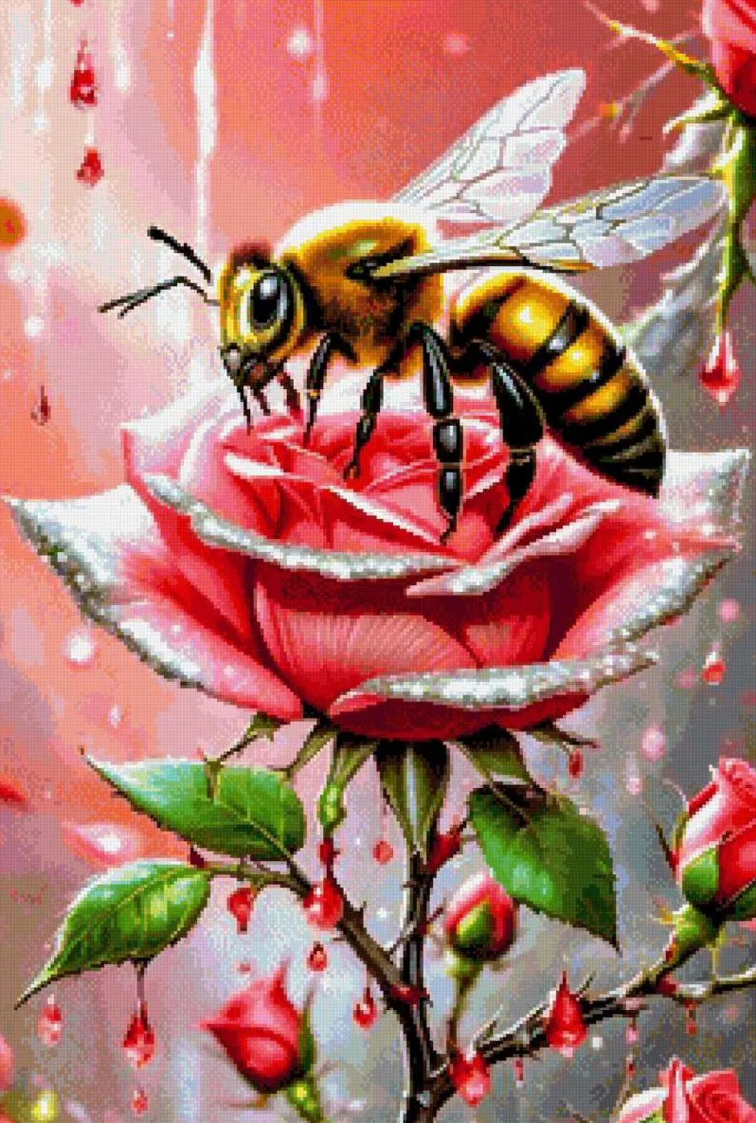 Finished cross stitch preview: honeybee on a blooming pink rose with dewdrops
