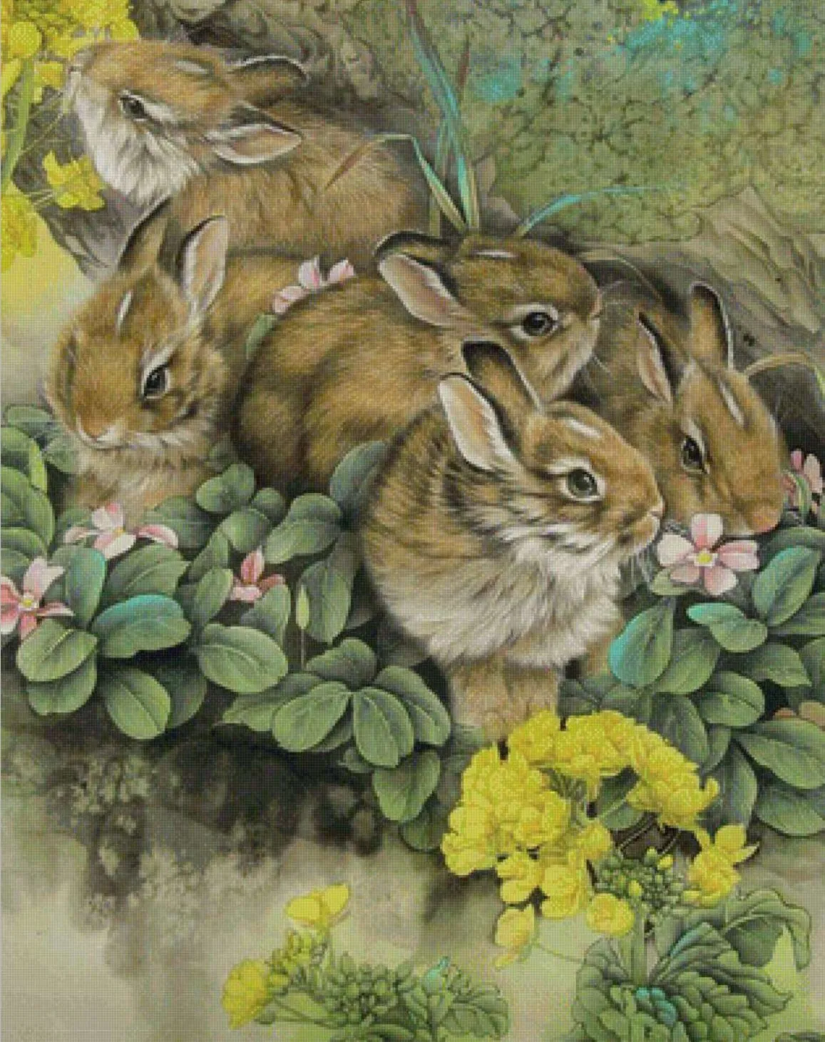 Bunny family among wildflowers cross stitch pattern finished preview