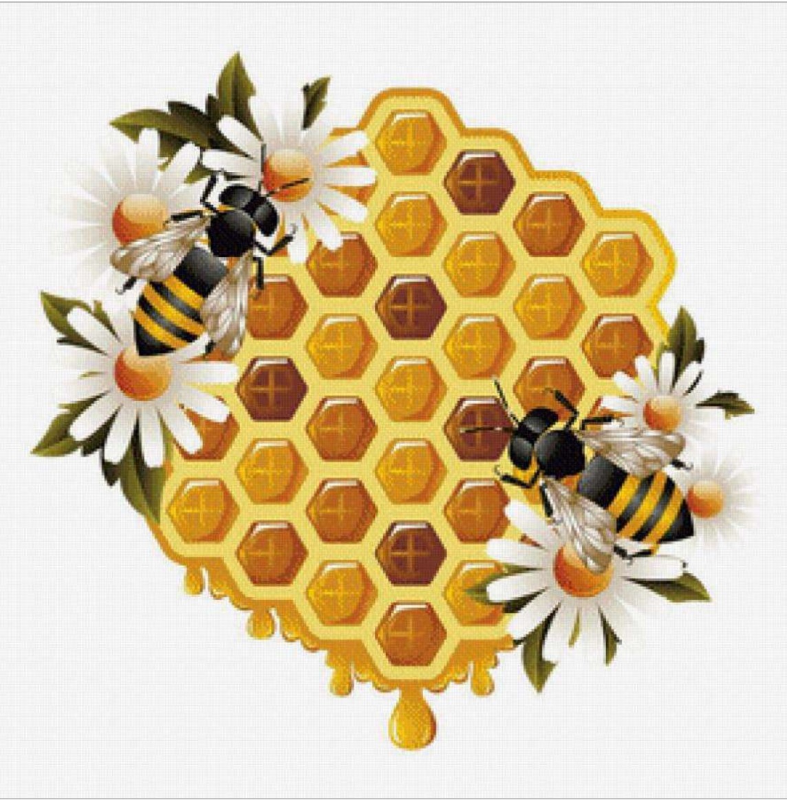 Honeycomb, bees and daisies cross stitch pattern finished preview