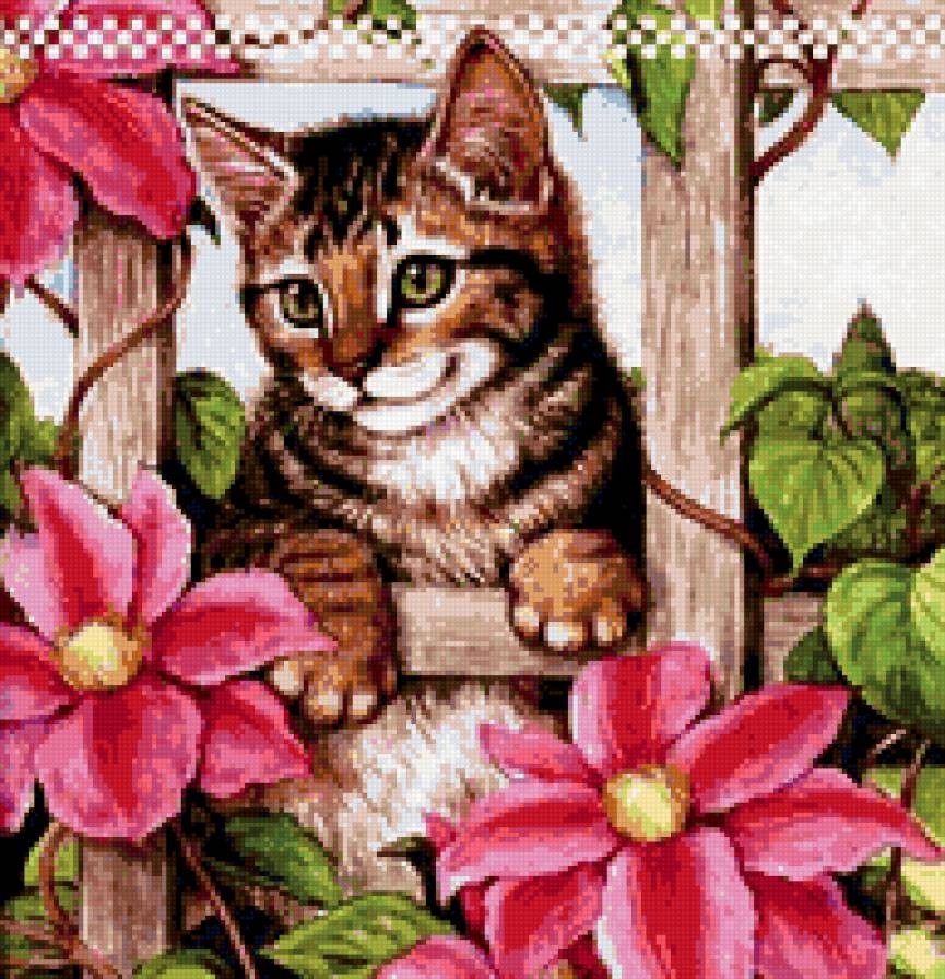 Kitten in the Garden Fence cross stitch finished pattern preview