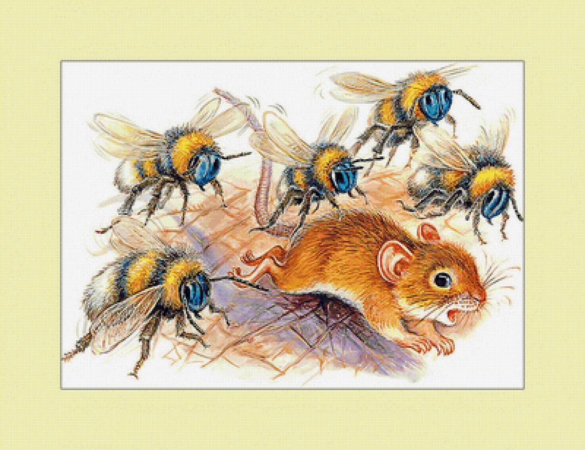 Bumblebees and Mouse cross stitch finished pattern preview