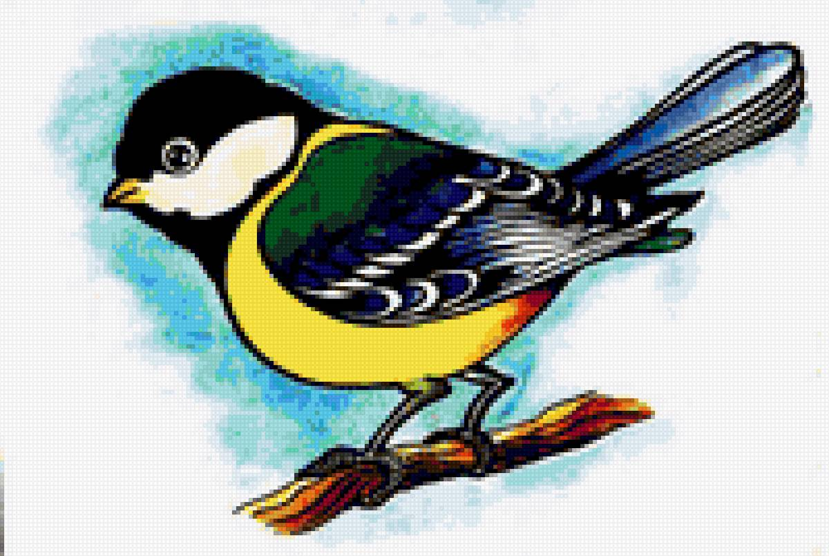 Finished Rainbow Garden Bird cross stitch pattern showing a colorful bird perched on a branch