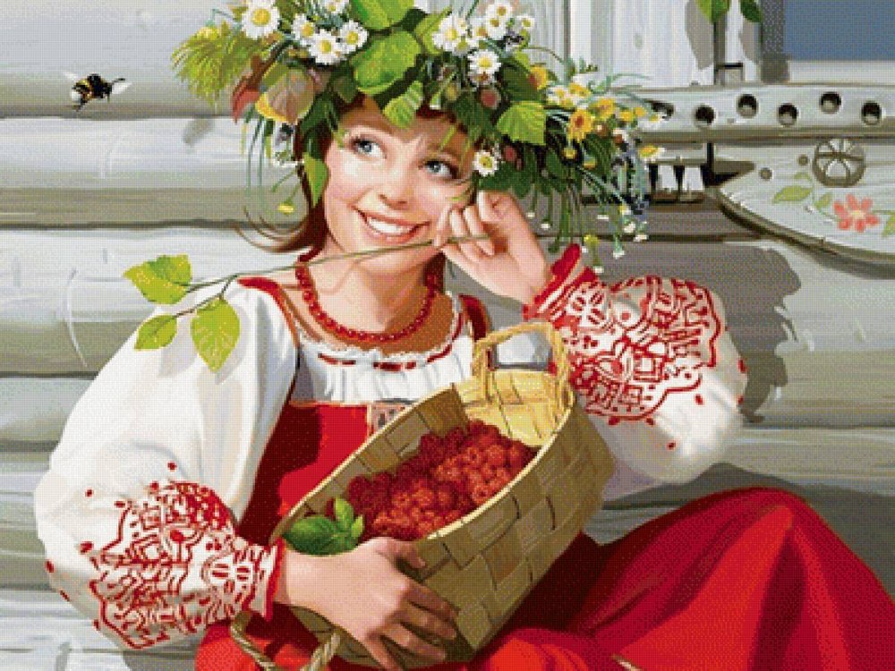 Finished cross stitch preview: girl in flower crown holding a basket of raspberries