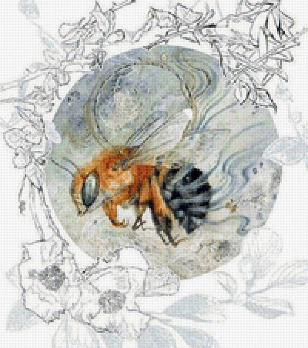 Finished Honeybee in the Rose Medallion cross stitch pattern showing a bee inside a swirling grey medallion surrounded by sketched roses