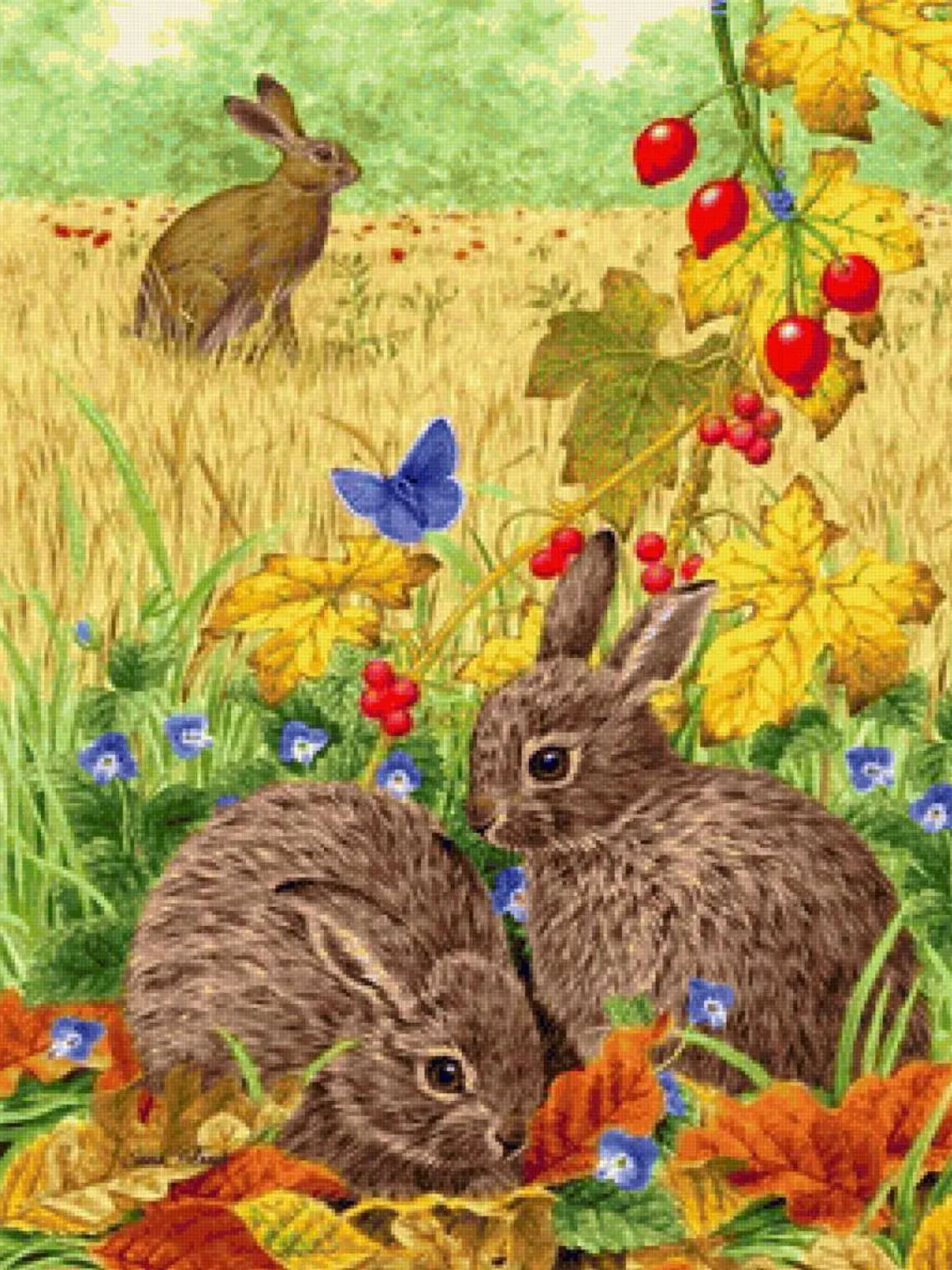Autumn bunnies and wild rose hips cross stitch pattern finished preview